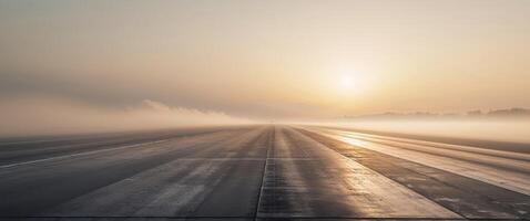 Runway illuminated by soft golden light at dawn with long shadows stretching across the surface. photo
