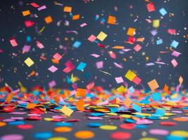 Dynamic Party Celebration with Colorful Confetti on Dark Gray Background for Festive Events and Celebrations. photo