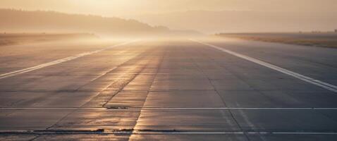 Runway illuminated by soft golden light at dawn with long shadows stretching across the surface photo