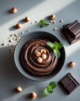 Dark Gray Bowl Filled with Rich Chocolate Hazelnut Spread Garnished with Fresh Mint and Surrounded by Hazelnuts and Chocolate Squares on Gray Surface photo