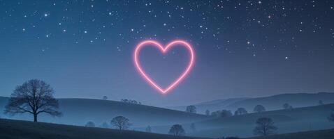 Heart shape illuminated in a starry night sky over a tranquil landscape. photo