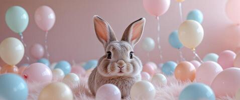 Cute fluffy rabbit with big eyes and cheerful expression on soft pink background filled with pastel balloons photo