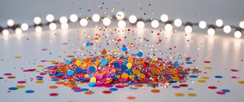 Festive Save the Date Card with Colorful Confetti and Bright LED Lights for Party Invitations. photo