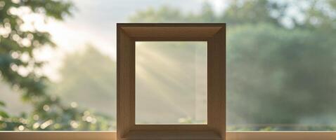 Mockup of a wooden frame standing on a windowsill. photo