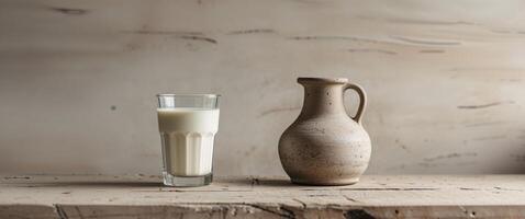Hemp Milk in Glass and Jug on Wooden Background. photo