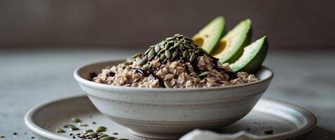 Avocado Chocolate Overnight Oats with Hemp Seeds and Rich Cocoa Flavor. photo