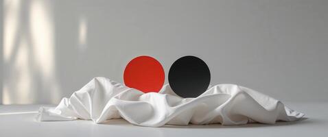 Two red and black balls sit on top of a white cloth photo