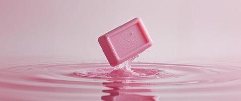 A pink square of soap floating in water photo