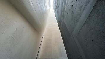 Panoramic view of textured concrete walls with light and dark shades creating contrast and depth in a narrow corridor with high walls photo