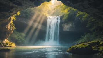 Mysterious cave with a stunning waterfall illuminated by sunlight in a tranquil setting photo