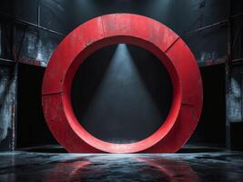 Red circular stage illuminated by spotlight in a darkened urban setting with textured walls photo