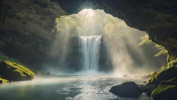 Mysterious cave with a stunning waterfall illuminated by sunlight in a tranquil setting. photo