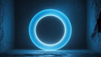 Glowing Circular Portal with Blue Light on Dark Textured Background. photo
