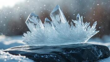Crystal Clear Ice Formation on Dark Rock Surface in Winter Setting. photo