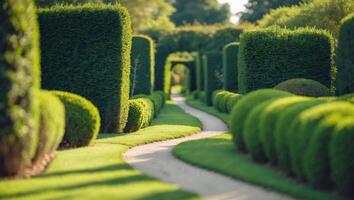 Winding pathway through lush green hedges in a tranquil garden setting. photo