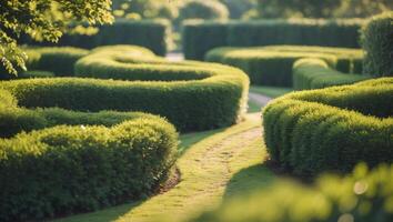 Winding pathway through lush green hedges in a tranquil garden setting photo