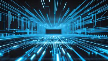 Abstract digital matrix with glowing blue circuits and data streams flowing dynamically. photo