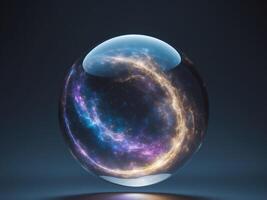 Mystical Crystal Ball in a Dimly Lit Setting with Swirling Cosmic Galaxy Inside photo
