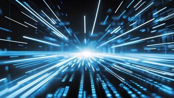 Abstract digital matrix with glowing blue circuits and data streams flowing dynamically photo