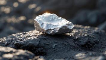 Captivating silver nugget resting on dark rocky ground reflecting light in a raw and natural setting. photo