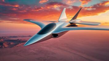 Futuristic jet soaring above desert landscape during sunset with striking colors and sleek design photo
