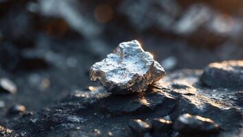 Captivating silver nugget resting on dark rocky ground reflecting light in a raw and natural setting photo