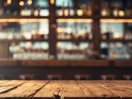 Rustic Wooden Tabletop in Blurred Bar Background. photo
