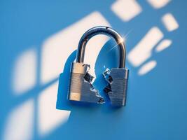 Shattered Metal Lock Symbolizing Broken Security and Access Issues with Dynamic Light Effects in Blue Background photo