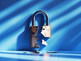 Shattered Metal Lock Symbolizing Broken Security and Access Issues with Dynamic Light Effects in Blue Background. photo
