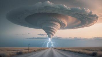 Powerful storm vortex forms above dirt road in open landscape during twilight hours photo