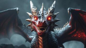 Ferocious dragon with teeth and three eyes portrayed in a dark and mysterious setting captivating the imagination. photo