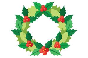 Flat Design Holly Wreath with Red Berries and Green Leaves Isolated on White vector