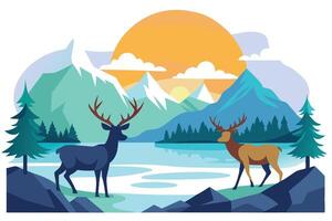Two deer amidst mountain scenery, trees and tranquil lake under a warm sun vector