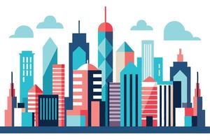 Stylized Skyline with Colorful Buildings and Clouds on White Background vector