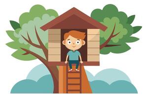 Happy Boy in Treehouse Cartoon with Cute Design and Fun, Playful Style vector