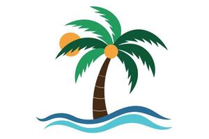 Flat Palm Tree with Green Leaves, Coconut, Sun and Ocean Waves vector