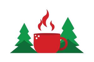 Red Mug with Steam and Green Trees on a White Background, Flat Design vector