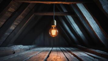An old light bulb hanging from the ceiling of an attic photo