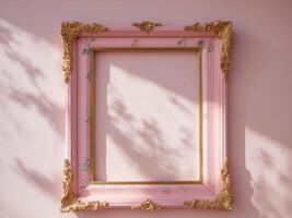 A pink frame on a wall with a shadow photo