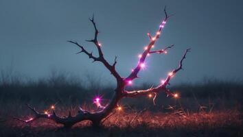 A tree with lights on it in the dark photo
