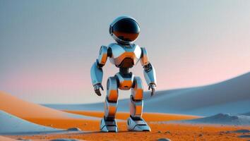 A robot standing in the desert with sand photo