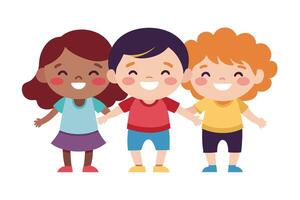 Cheerful Cartoon Kids Holding Hands, Diverse Group with Smiling Faces, on White vector