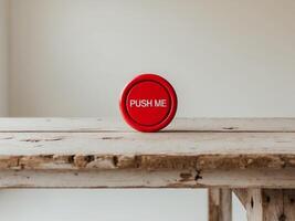 A red push button on a table photo