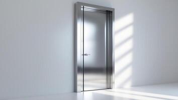 A door with a silver frame and a light shining through it photo