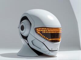 A white robot head with orange lights on it photo