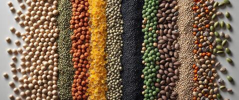 A variety of different types of seeds are arranged in a row photo