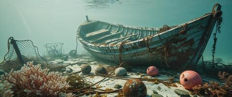 Underwater view of a weathered wooden boat with scattered debris and aquatic life surrounding it. photo