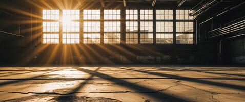Sunlight Streaming Through Industrial Ceiling Windows and Ducts photo