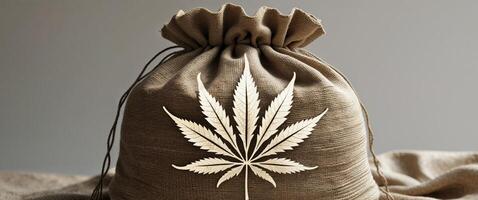 Burlap sack featuring a large hemp leaf design photo