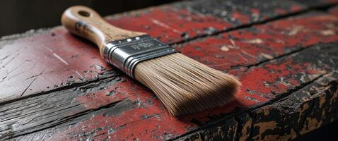Artisan brush resting on a weathered red and black wooden surface showing strokes and texture. photo